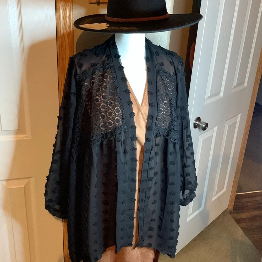 Black Swiss Dot Open Front Kimono NEW in bag - Picture 4 of 5